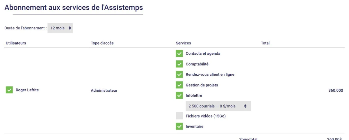 Choix des modules et de la durée de l'abonnement dans L'AssisTemps