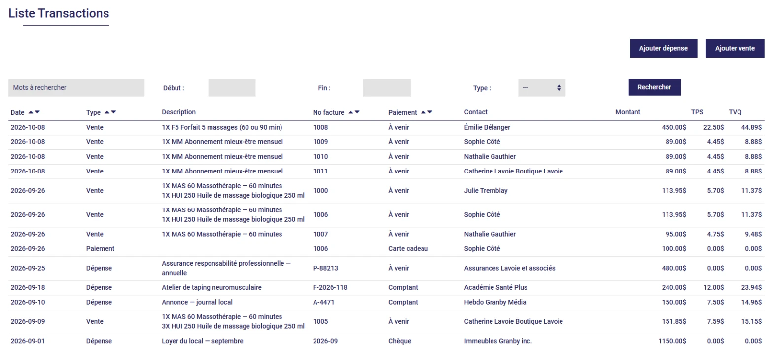 Liste des transactions, dépenses et ventes avec leurs taxes, dans L'AssisTemps
