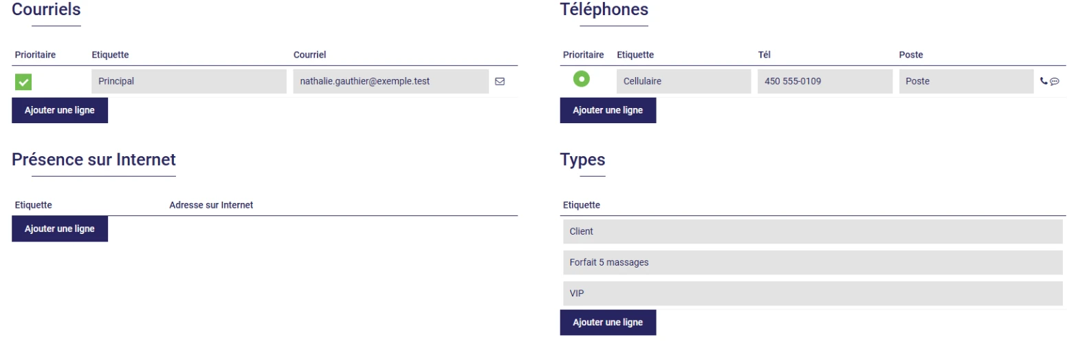 Fiche d'un contact dans L'AssisTemps : courriels, téléphones, présence sur Internet et types de contact