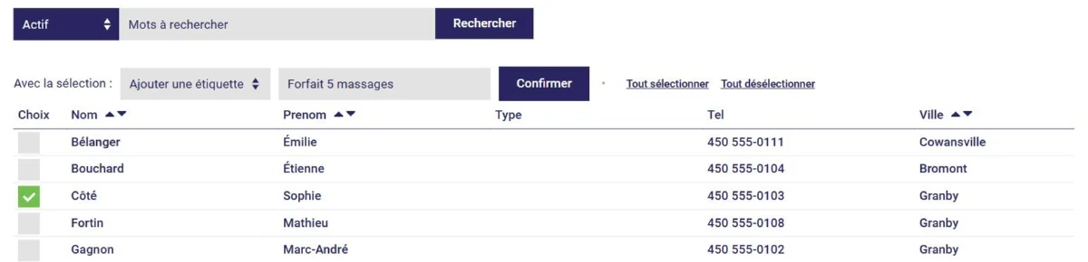 Liste des contacts avec ajout d'une étiquette dans L'AssisTemps