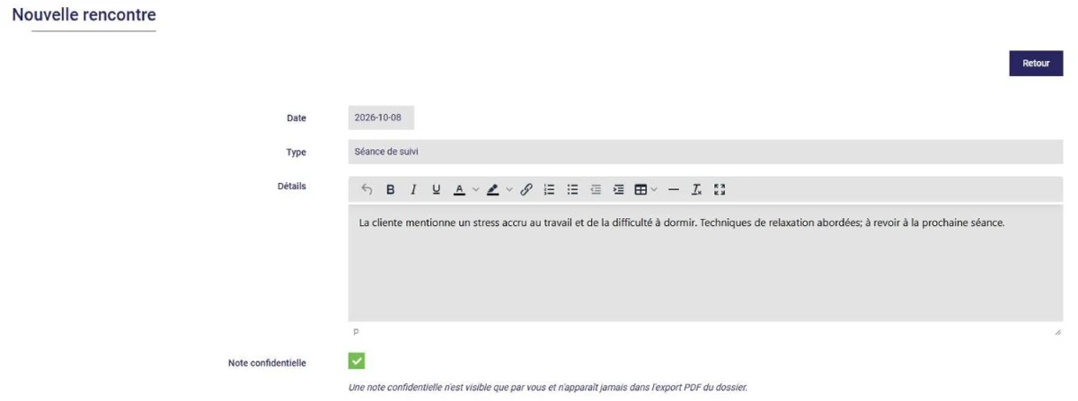 Note confidentielle au dossier d'un client dans L'AssisTemps