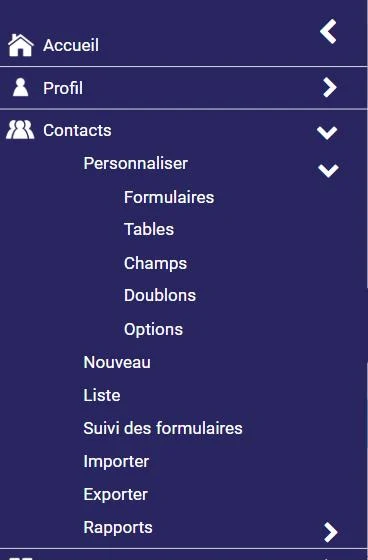 Menu Contacts de L'AssisTemps avec le sous-menu Personnaliser : Formulaires, Tables, Champs, Doublons, Options