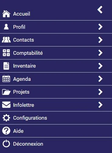 Menu principal de L'AssisTemps : Accueil, Profil, Contacts, Comptabilité, Inventaire, Agenda, Projets, Infolettre, Configurations, Aide