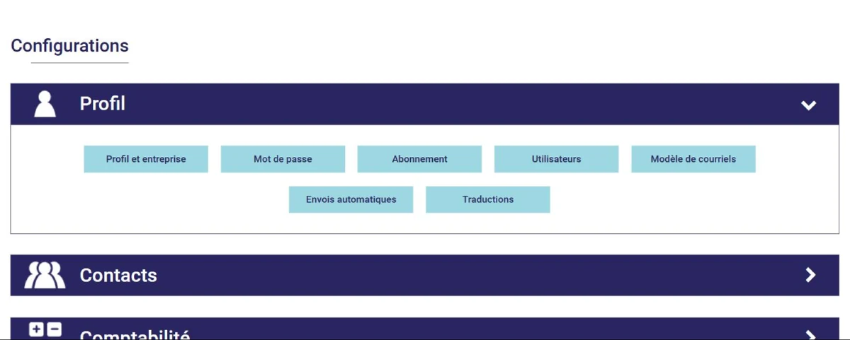 Page Configurations de L'AssisTemps : réglages regroupés par module (Profil, Contacts, Comptabilité…)