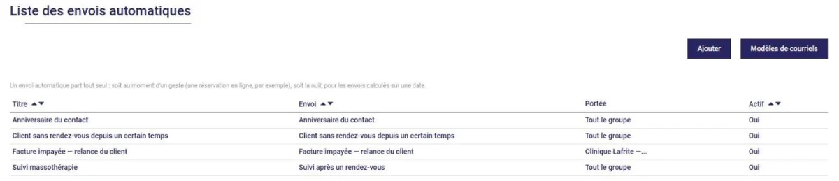 Liste des courriels automatiques dans L'AssisTemps