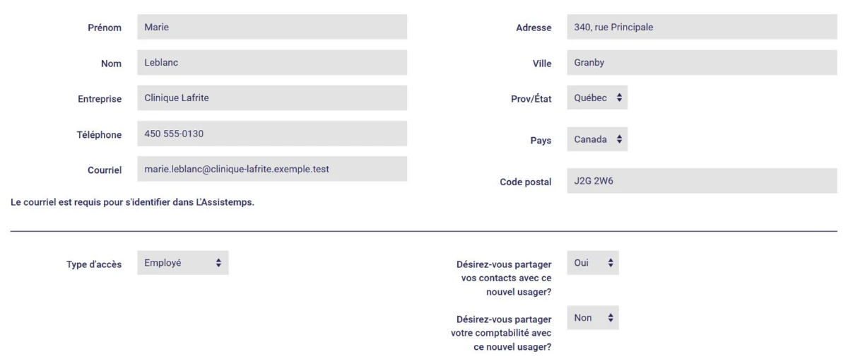 Ajout d'un nouvel usager dans L'AssisTemps : coordonnées, type d'accès, partage des contacts et de la comptabilité