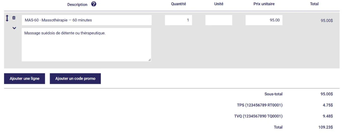 Facture créée à partir d'un rendez-vous dans L'AssisTemps : service, prix, TPS, TVQ et total