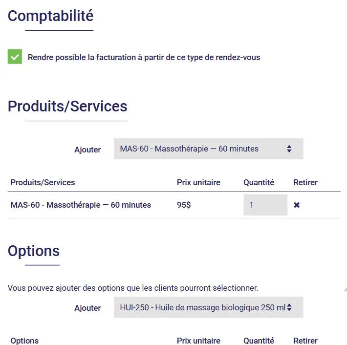 Section Comptabilité d'un type de rendez-vous dans L'AssisTemps : produits et services facturés et options