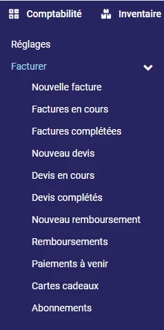 Menu Comptabilité de L'AssisTemps : Ventes, Nouvelle, Reprendre, Complétées