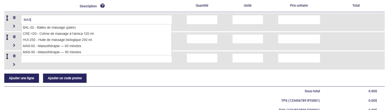 Nouvelle facture avec produits et services dans L'AssisTemps