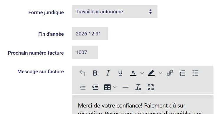Profil de l'entreprise dans L'AssisTemps : prochain numéro de facture et message sur facture