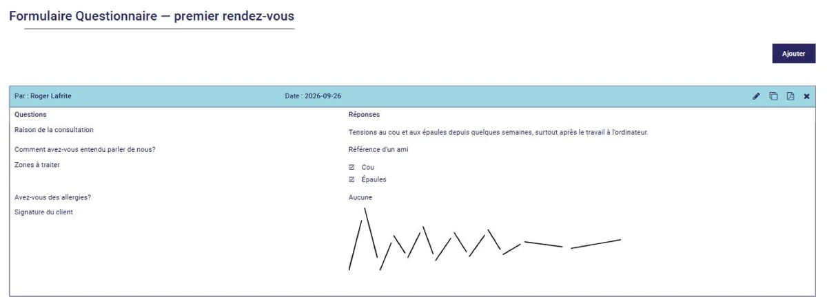 Formulaire rempli et signé, conservé dans le dossier du client