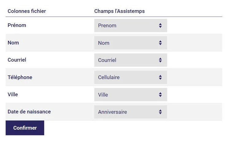 Association des colonnes d'un fichier Excel aux champs de L'AssisTemps lors de l'importation de contacts