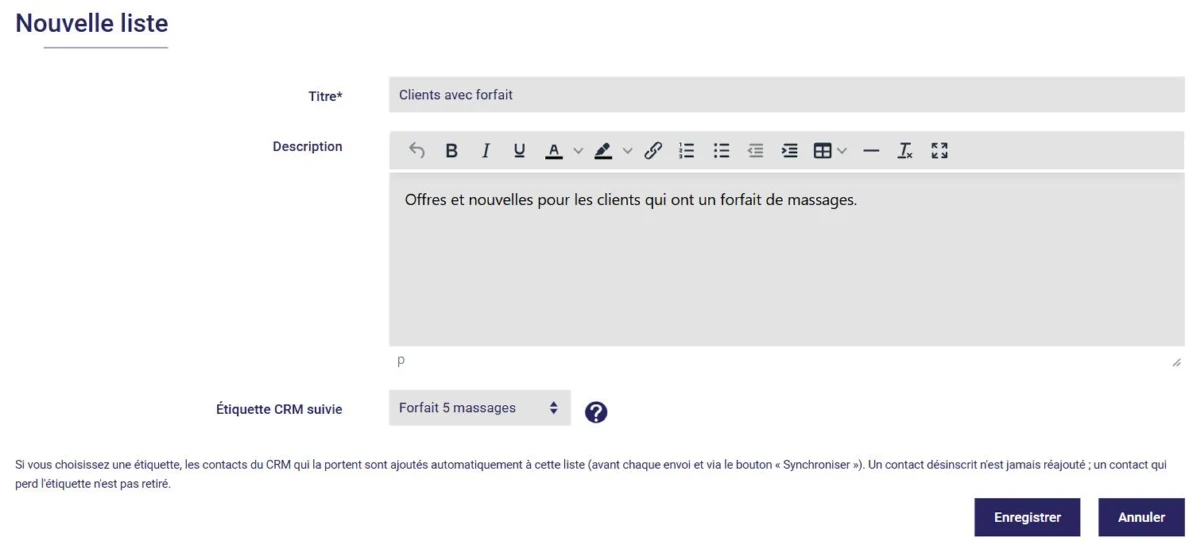 Nouvelle liste de diffusion reliée à une étiquette de contacts dans L'AssisTemps