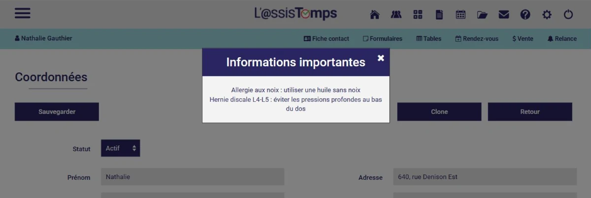 Fenêtre d'informations importantes à l'ouverture d'un dossier client dans L'AssisTemps