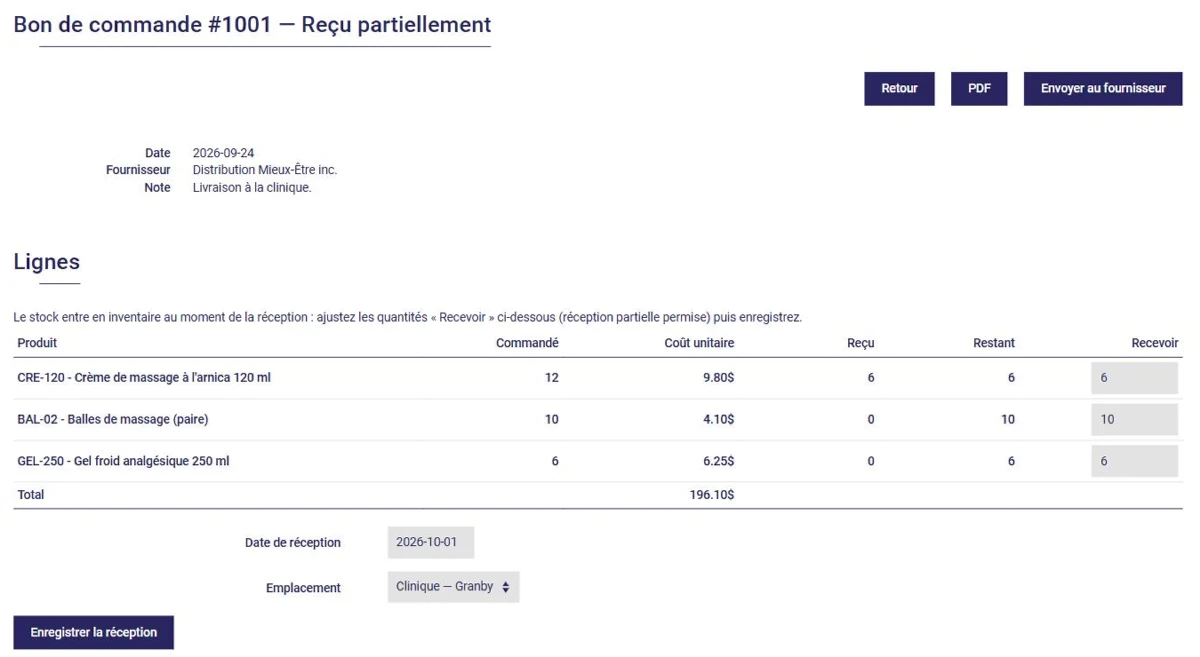 Bon de commande reçu partiellement dans L'AssisTemps