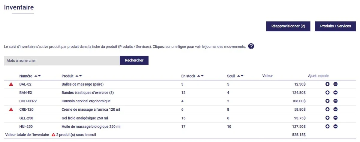 Liste de l'inventaire avec les produits sous le seuil d'alerte dans L'AssisTemps