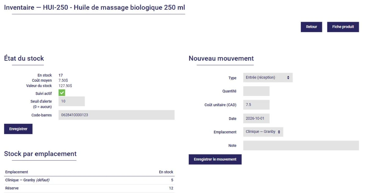 Coût moyen, valeur du stock et stock par emplacement d'un produit dans L'AssisTemps