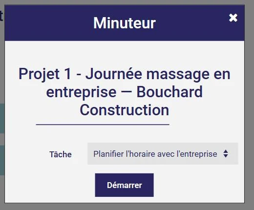 Fenêtre du minuteur dans L'AssisTemps : choix de la tâche et bouton Démarrer