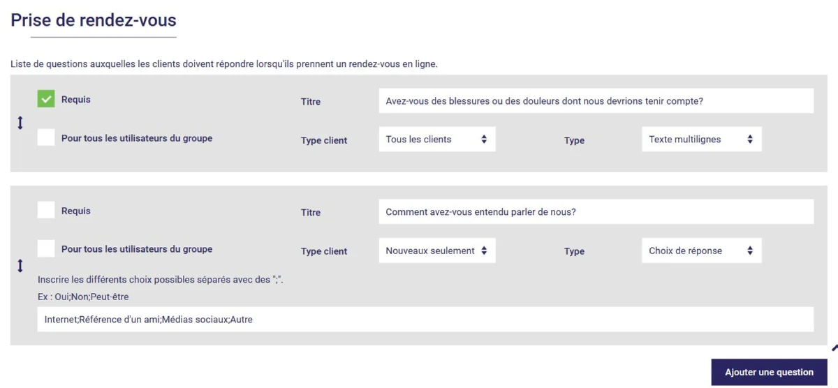 Questions posées au client lors de la prise de rendez-vous en ligne dans L'AssisTemps