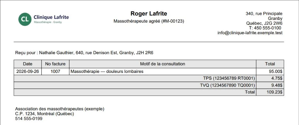 Reçu pour honoraires professionnels produit par L'AssisTemps