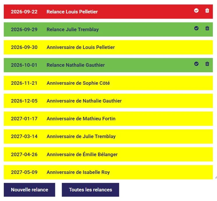 Prochains événements sur la page d'accueil de L'AssisTemps : relances à venir en vert, relance en retard en rouge
