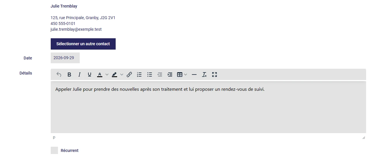 Création d'une relance dans L'AssisTemps : client, date et détails