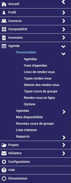 Menu Agenda de L'AssisTemps : Personnaliser (lieux, types de rendez-vous, rendez-vous en ligne) et Mes disponibilités