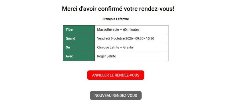 Page « Merci d'avoir confirmé votre rendez-vous! » vue par le client, avec les détails du rendez-vous et le bouton Annuler le rendez-vous