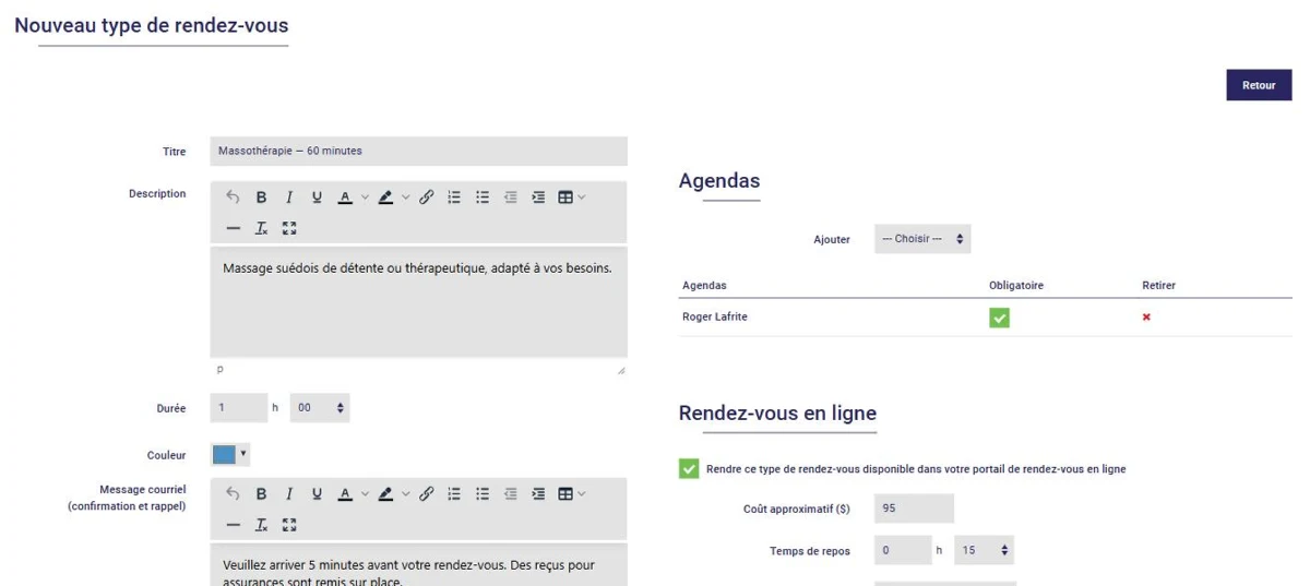 Création d'un type de rendez-vous dans L'AssisTemps : titre, description, durée, couleur, agendas et rendez-vous en ligne
