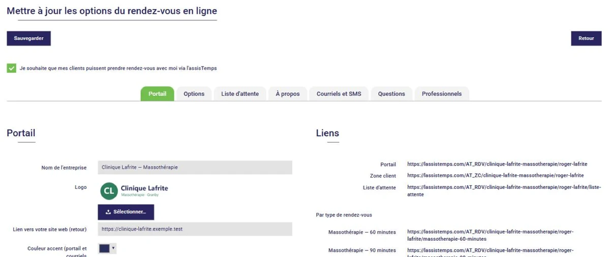 Options du rendez-vous en ligne dans L'AssisTemps : nom de l'entreprise, logo, site web et liens du portail