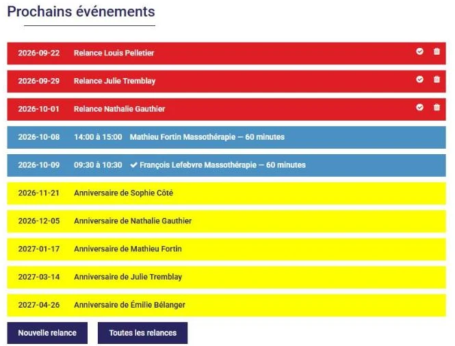 Bloc Prochains événements de la page d'accueil de L'AssisTemps : un crochet précède le rendez-vous confirmé par le client