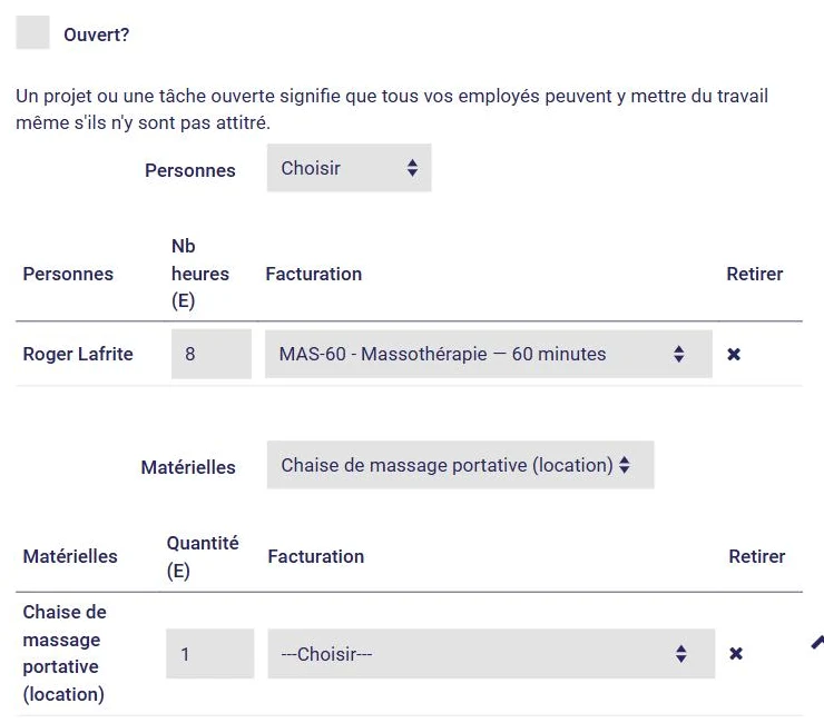 Section Ressources d'une tâche dans L'AssisTemps : personnes avec heures estimées et facturation, matériel avec quantité