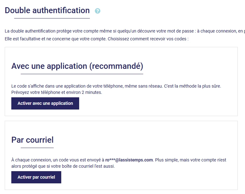 Page Double authentification de L'AssisTemps : choix entre une application d'authentification et un code par courriel