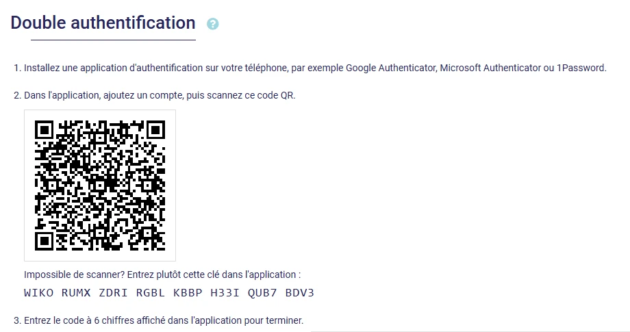 Activation de la double authentification dans L'AssisTemps : code QR à scanner avec l'application, clé à recopier et code de confirmation