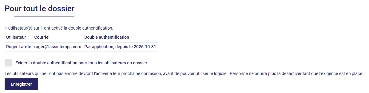 Réglage réservé à l'administrateur dans L'AssisTemps : liste des utilisateurs et option pour exiger la double authentification dans tout le dossier