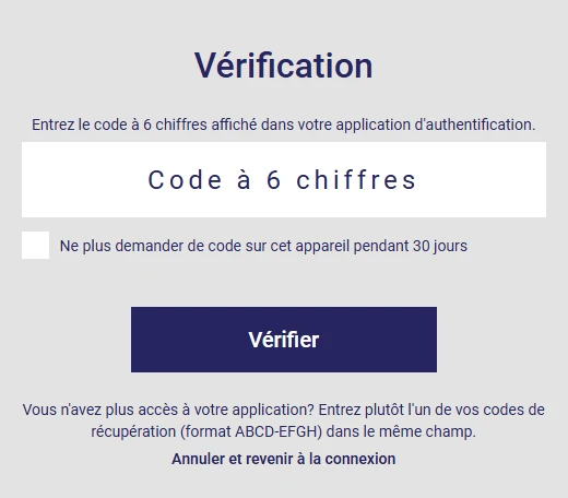 Étape de vérification à la connexion dans L'AssisTemps : code à 6 chiffres et case pour ne plus demander de code sur cet appareil pendant 30 jours