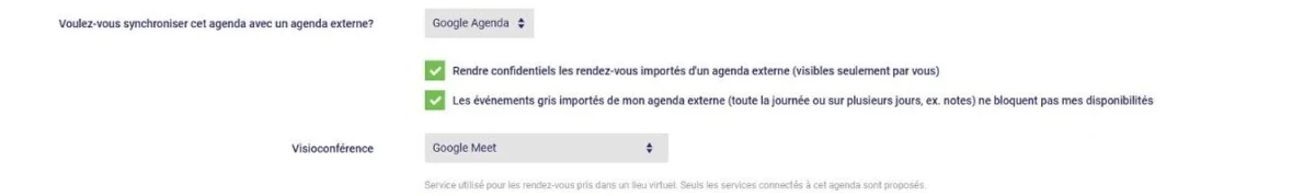 Fiche d'un agenda synchronisé avec Google Agenda dans L'AssisTemps : cases de confidentialité des rendez-vous importés et des événements gris, et service de visioconférence Google Meet