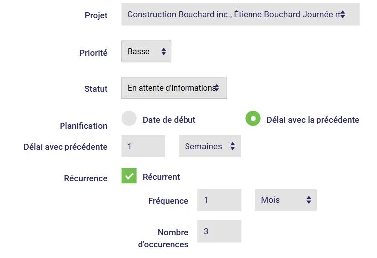 Création d'une tâche dans L'AssisTemps : statut, planification par délai avec la précédente et récurrence