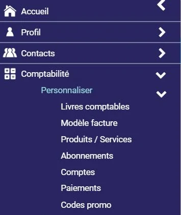 Menu Comptabilité de L'AssisTemps : Personnaliser, Produits / Services