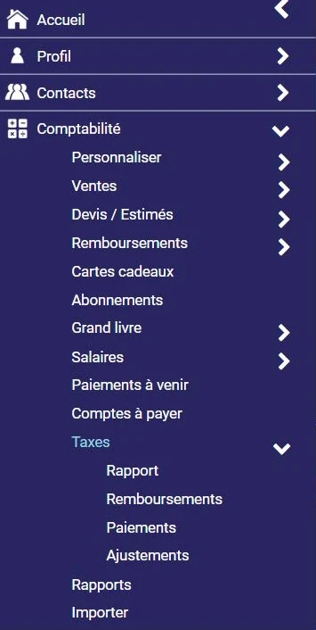 Menu Comptabilité de L'AssisTemps : Taxes (rapport, remboursements, paiements, ajustements)