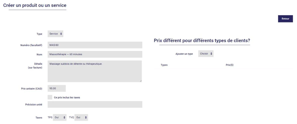 Taxes applicables à un produit ou service dans L'AssisTemps