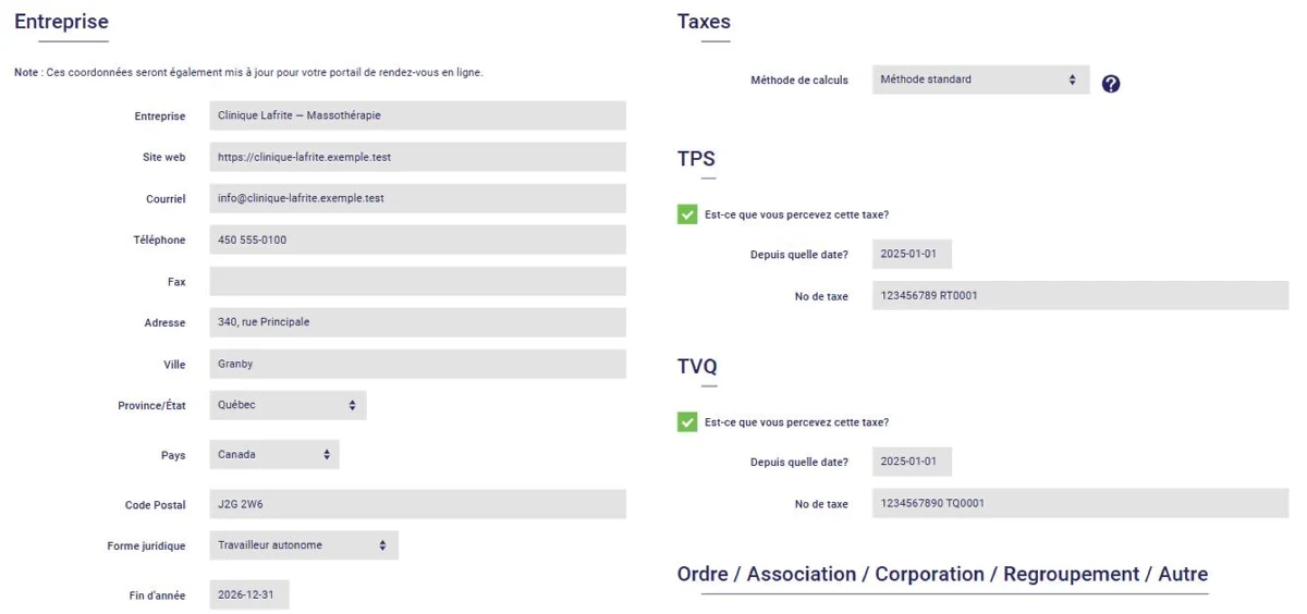 Profil de l'entreprise dans L'AssisTemps : coordonnées, méthode de calcul des taxes, TPS et TVQ