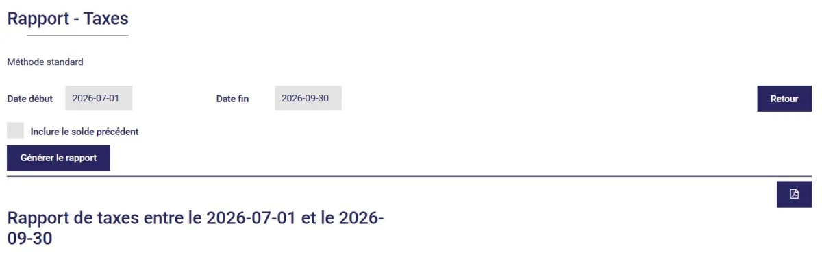 Rapport de taxes dans L'AssisTemps : choix de la période et génération du rapport